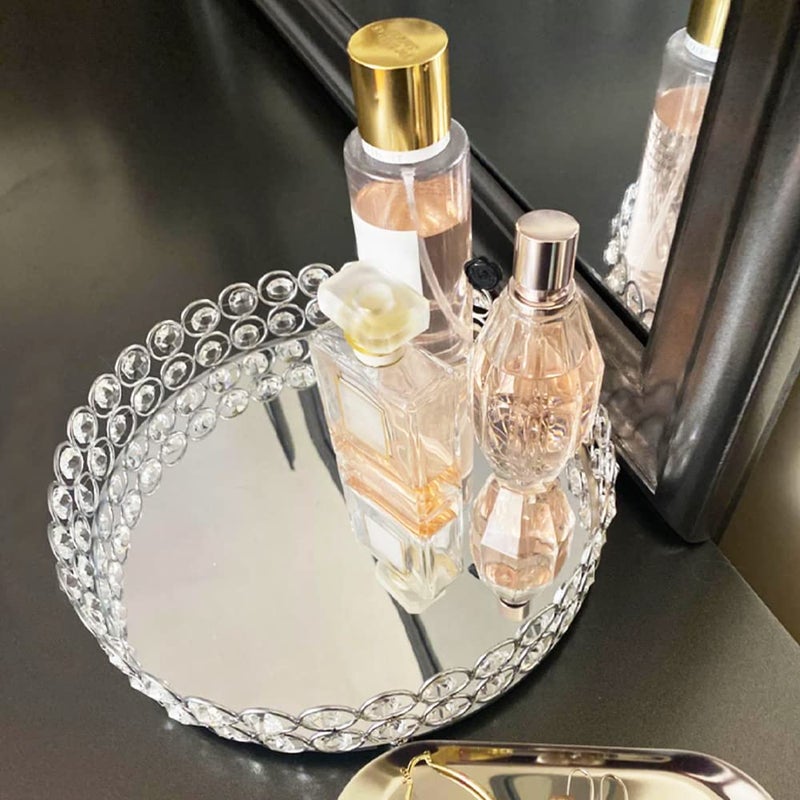 LINDLEMANN Crystal Decorative Tray Metal Mirrored Perfume Cosmetic Organizer Jewelry Trinket Display Storage Vanity Trays Home DÃ©cor Accents Luxury Gift (Round, 10in, Silver) - Image 2